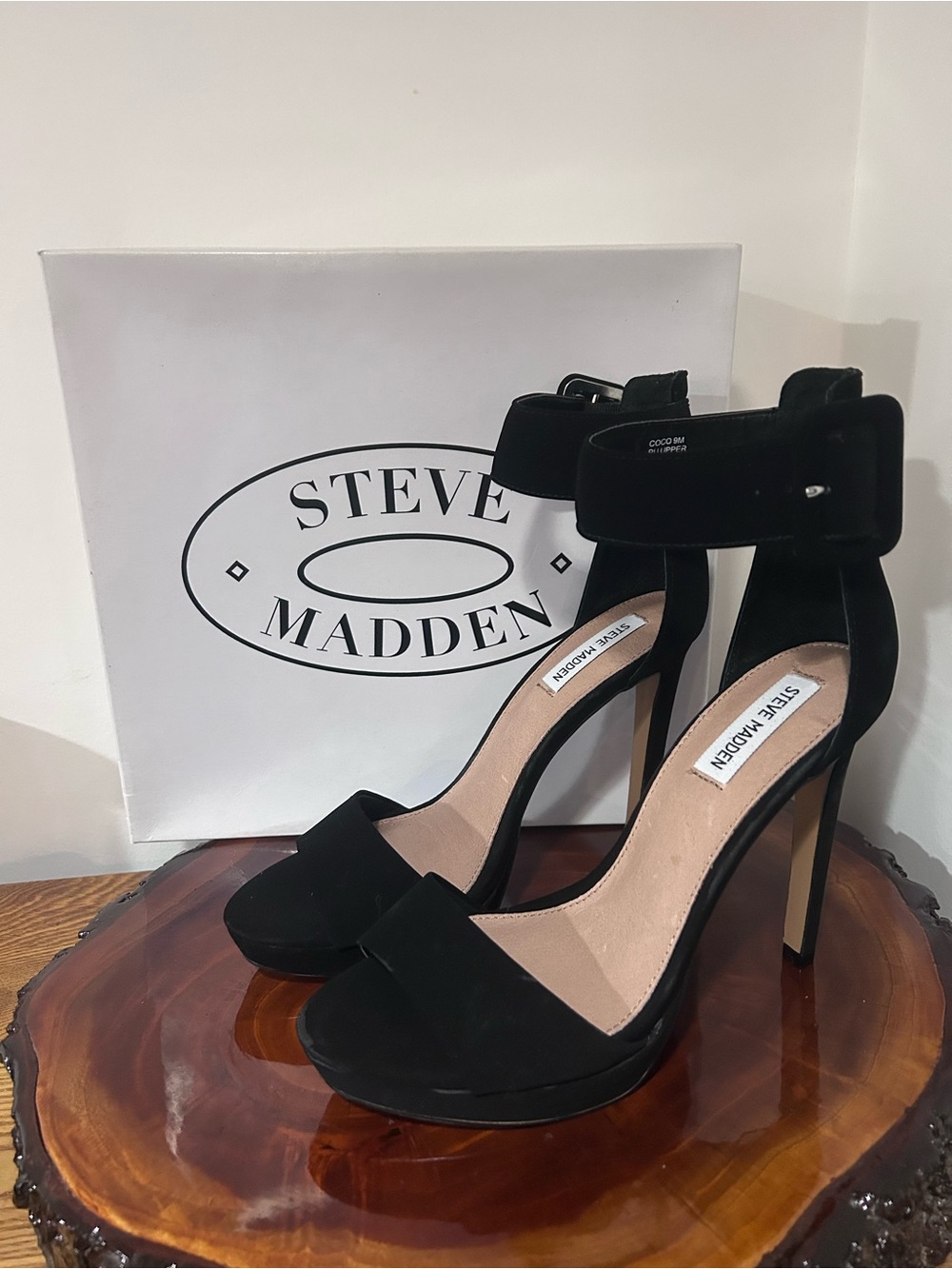 Steve Madden Black Suede Ankle Strap Stiletto Sandals